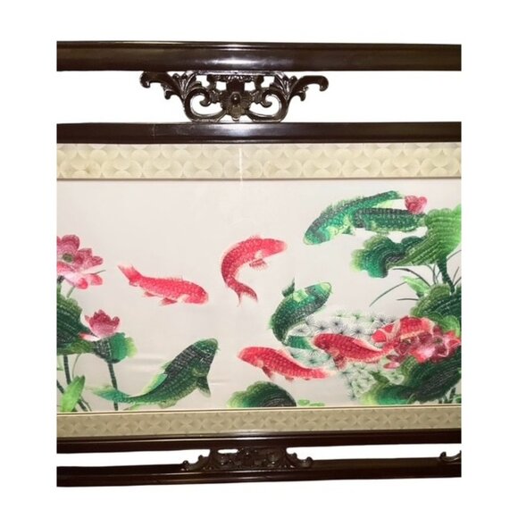 Vintage Asian Framed Art Landscape Carved Wood Frame 32.75  Vintage Asian Framed Art Landscape Carved Wood Frame 32.75x21 Goldfish Fish Luck
